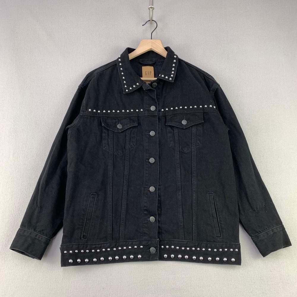 GAP Oversized Denim Jacket Women XS Black Studded Rocker Punk Trucker Coat